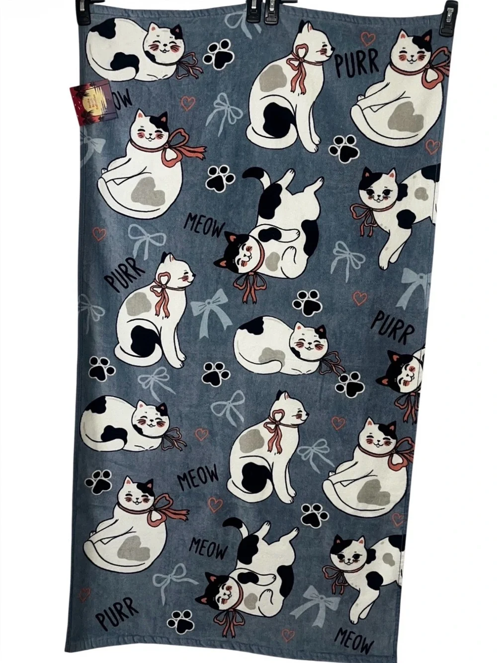 Cat Print Beach Towel Blue with White & Black Cats